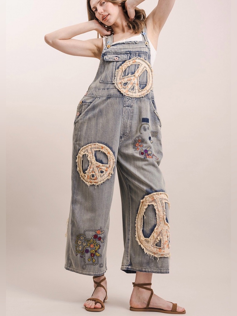BLUEVELVET Peace Patchwork Embroidered Bib Overalls 🔥🌺RESTOCK🚨 - Picture 3 of 5